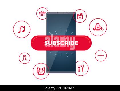 Online subscription services on smartphone screen. Finger press subscribe button to access entertainment media, education, treatment and food supply content. Mobile app advertising vector eps banner Stock Vector