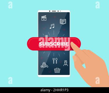 Online subscription services on smartphone screen. Finger press subscribe button to access entertainment media, education, treatment and food supply content. Mobile app promo banner eps illustration Stock Vector