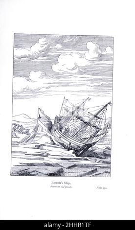 Barentz's Ship. Willem Barentsz (c. 1550 – 20 June 1597), anglicized as William Barents or Barentz, was a Dutch navigator, cartographer, and Arctic explorer. Barentsz went on three expeditions to the far north in search for a Northeast passage. He reached as far as Novaya Zemlya and the Kara Sea in his first two voyages, but was turned back on both occasions by ice. During a third expedition, the crew discovered Spitsbergen and Bear Island, but subsequently became stranded on Novaya Zemlya for almost a year. Barentsz died on the return voyage in 1597.  from The Exploration of the World, Celebr Stock Photo
