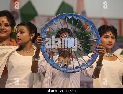 School students of Netaji Subhas Vidyaniketan perform during a cultural program on the birth anniversary of Indian nationalist, Netaji Subhas Chandra Bose. Bose was a prominent Indian nationalist leader who attempted to gain India's independence from British rule by force during the waning years of World War II. Tripura, India. Stock Photo
