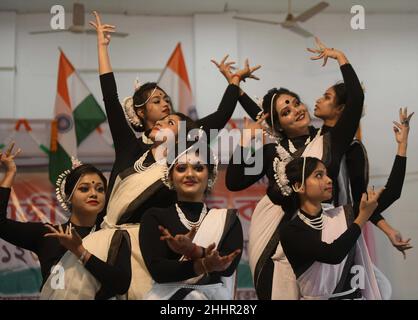 School students of Netaji Subhas Vidyaniketan perform during a cultural program on the birth anniversary of Indian nationalist, Netaji Subhas Chandra Bose. Bose was a prominent Indian nationalist leader who attempted to gain India's independence from British rule by force during the waning years of World War II. Tripura, India. Stock Photo
