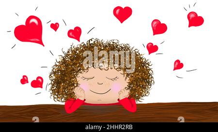 Girl in love. Hand drawn painting - illustration for Valentine's Day 2022. Girl thinking about her love. Love in the air. Stock Photo