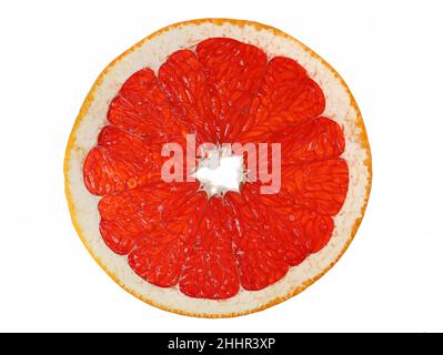 slice of red grapefruit isolated on white background, close up of red juicy citrus pulp Stock Photo
