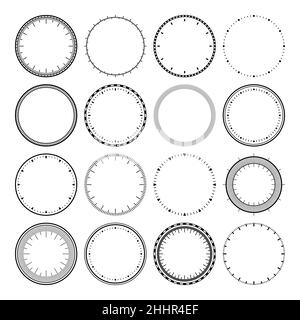 Mechanical clock faces, bezel. Watch dial with minute and hour marks. Timer or stopwatch element. Blank measuring circle scale with divisions. Vector Stock Vector