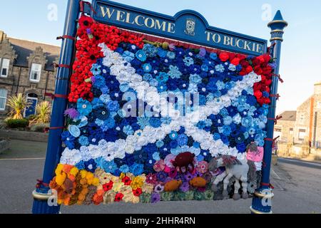 BUCKIE, MORAY, UK. 21st Jan, 2022. This is the Auld Lang Syne Panel on Display within Cluny Square. The Panel was formed with knitted, crochet and sewed by the following Groups, Crafty Roots, Buckie Rainbows, Buckie Community Shop and Bee So Crafty the Friday Crochet Class. The Panel is pay tribute to Robbie Burns re To A Mouse, Address to a Haggis, Tam O'Shanter and a Red, Red Rose. The Panel is on display in Cluny Square, the town centre of Buckie, Moray, Scotland. Credit: JASPERIMAGE/Alamy Live News Stock Photo