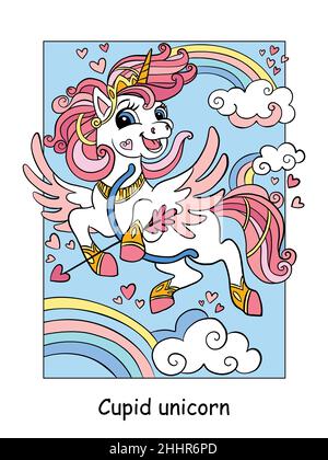 Cute unicorn head with rainbow mane in the sky with stars. Vector cartoon illustration. For card, print, design, stickers, decor, kids apparel, puzzle Stock Vector