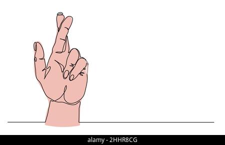 Crossed fingers hand gesture. When liar tries to hide the truth sign. One continuous line art drawing vector illustration of arm with crossed fingers Stock Vector