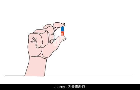 Hand holding pill, capsule, tablet. One continuous line art drawing vector illustration of arm with capsule Stock Vector