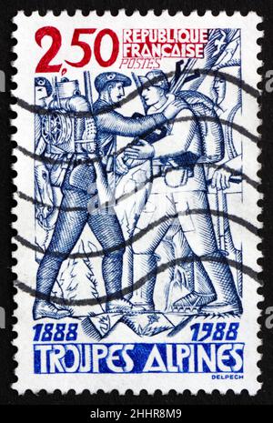 FRANCE - CIRCA 1988: a stamp printed in the France shows Alpine Troops, Centenary, circa 1988 Stock Photo