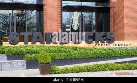 Seattle - January 23, 2022; Sign outside the corporate headquarters of the Starbucks Coffee Company in Seattle Stock Photo