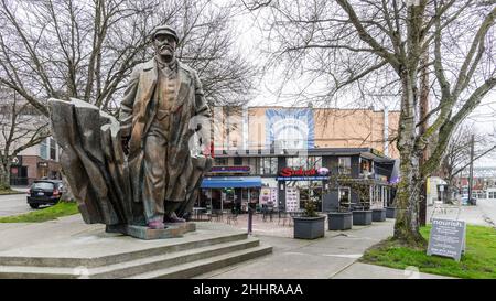 Seattle - January 23, 2022; Fremont neighborhood in Seattle with statue of Lenin and businesses Stock Photo