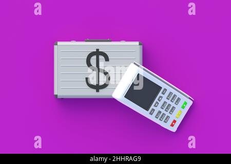 Suitcase with symbol of dollar near cash register. Cash and non-cash payments. Bank transfer. Collection of profits. Income control. Financial operati Stock Photo