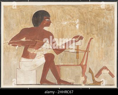 Carpenter Making a Chair, Tomb of Rekhmire ca. 1479–1400 B.C. New Kingdom Nina de Garis Davies This facsimile painting copies a wall painting in the tomb of Rekhmire (TT 100) in western Thebes. The detail depicts a carpenter drilling holes in the frame of a low chair with feline legs. A chair of this type (36.3.152) may be seen in Egyptian gallery 116. The carpenter uses a bow-drill and his adze and level lie on the ground behind the chair. A similar adze (96.4.7) may be seen in Egyptian gallery 116. The facsimile was painted at the tomb in 1929 by Nina de Garis Davies, a member of the Graphic Stock Photo