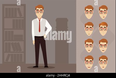 young handsome businessman in red glasses. Flat illustration with men in office. Character emotion set Stock Vector