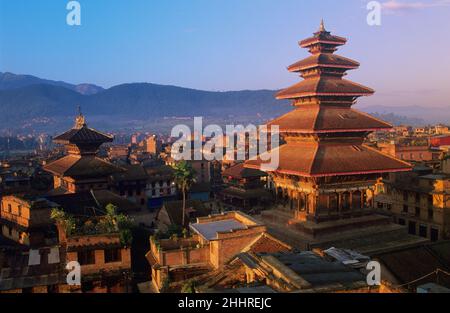 Elevated View of Taumadhi Square and the Nyatapola Hindu Temple, Bhaktapur, Nepal Stock Photo