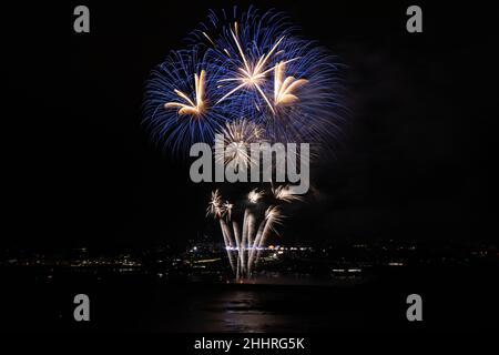 A colorful scene at the 2021 British firework championships held at Plymouth, Devon Stock Photo