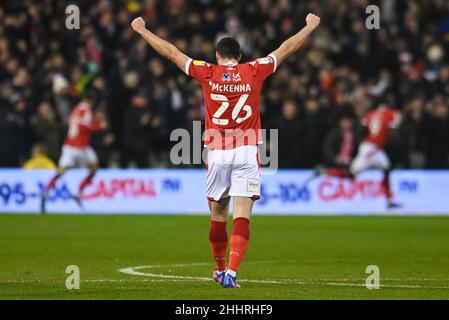 Scott McKenna #26 of Nottingham Forest celebrates his sides goal to make it 1-0 in, on 1/25/2022. (Photo by Craig Thomas/News Images/Sipa USA) Credit: Sipa USA/Alamy Live News Stock Photo