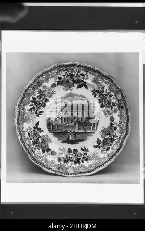 Plate ca. 1831–ca. 1835 Job & John Jackson This pink and white transfer-printed earthenware plate features a view of the Hancock family mansion, a famous colonial structure on Beacon Street in Boston, Massachusetts. The two-storey granite-facaded structure was erected by Boston merchant Thomas Hancock (1703–1764) in 1737, the year his nephew and later occupant of the mansion, John Hancock (1737–1793), was born. During the American Revolutionary War the mansion was used as military headquarters during the Charlestown engagement of 1775 and for sheltering wounded soldiers during the Battle of Bu Stock Photo