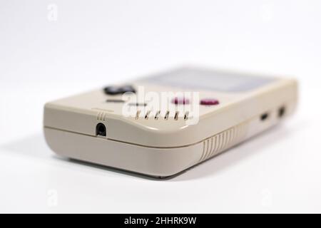 Schiedam, The Netherlands - OCT 4, 2020: Closeup of a vintage portable video game console on a white background. Stock Photo
