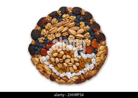 Plate with dried fruits, candied fruit and nuts isolated on white background Stock Photo