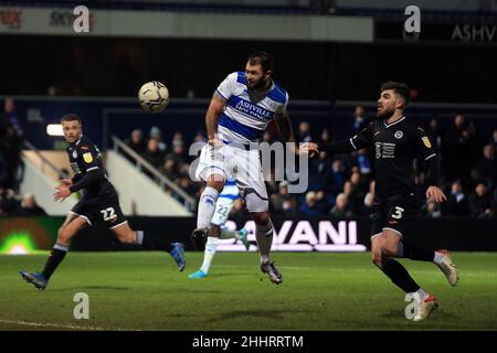 London, UK. 25th Jan, 2022. Charlie Austin of Queens Park Rangers (c) heads at goal. EFL Skybet Championship match, Queens Park Rangers v Swansea City at The Kiyan Prince Foundation Stadium, Loftus Road in London on Tuesday 25th January 2022. this image may only be used for Editorial purposes. Editorial use only, license required for commercial use. No use in betting, games or a single club/league/player publications. pic by Steffan Bowen/Andrew Orchard sports photography/Alamy Live news Credit: Andrew Orchard sports photography/Alamy Live News Stock Photo