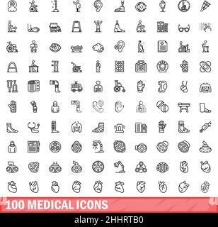 100 medical icons set. Outline illustration of 100 medical icons vector set isolated on white background Stock Vector