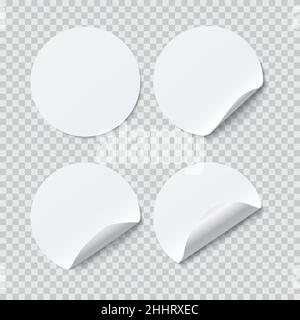 Round paper stickers template. Realistic vector white sticky paper circles on transparent background Stock Vector