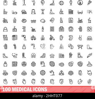 100 medical icons set. Outline illustration of 100 medical icons vector set isolated on white background Stock Vector