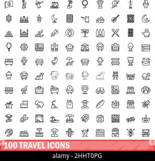 100 travel icons set. Outline illustration of 100 travel icons vector set isolated on white background Stock Vector