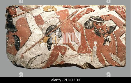 Block from a Relief Depicting a Battle ca. 1427–1400 B.C. New Kingdom Builders reused this painted relief block in the foundation of Ramesses IV's mortuary temple, subsequently excavated by the Metropolitan Museum. In the relief, western Asian soldiers are shown being trampled under the horses that pull the royal chariot, signaling the foreigners' defeat in battle by the might of the Egyptian pharaoh. When the piece was excavated, this and another fragment of a battle scene (13.180.22) were dated to the reign of Ramesses II. A recent study of their stylistic and iconographic features, however, Stock Photo