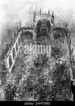 Aerial view showing the ruins of Coventry Cathedral after it was destroyed by the German Luftwaffe in an air raid on the city during the Second World War.14th November 1940. Stock Photo