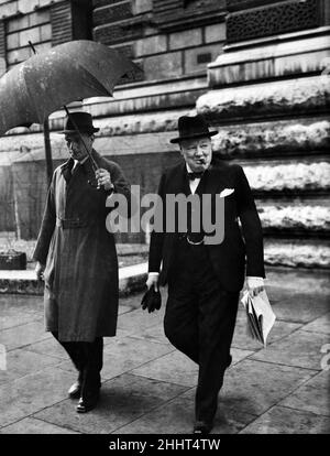 British Prime Minister Winston Churchill leaving a cabinet meeting at Downing Street.24th May 1945. Stock Photo