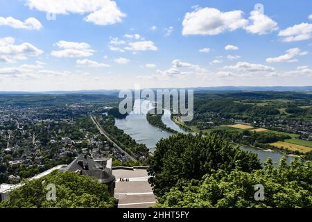 View from the Drachenfels to the island of Grafenrath, the Rhine and the surrounding area when the weather is nice Stock Photo