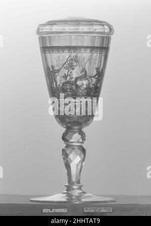 Standing cup with cover ca. 1730 Bohemian. Standing cup with cover. Bohemian. ca. 1730. Zwischengold glass. Glass Stock Photo