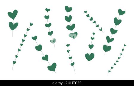 Green flowers or branch made of hearts with love. Set of green heart shaped plants for environmental protection and care Stock Vector