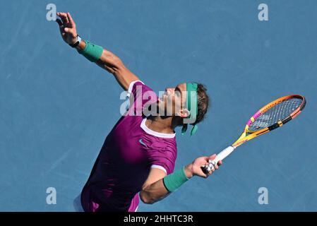 Melbourne, Australia. 26th Jan, 2022. 6th seed RAFAEL NADAL (ESP) in action against 14th seed DENIS SHAPOVALOV (CAN) on Margaret Court Arena in a Men's Singles Quarterfinals match on day 9 of the 2022 Australian Open in Melbourne, Australia. Sydney Low/Cal Sport Media. NADAL won 6:3, 6:4, 4:6, 3:6, 6:3. Credit: csm/Alamy Live News Stock Photo