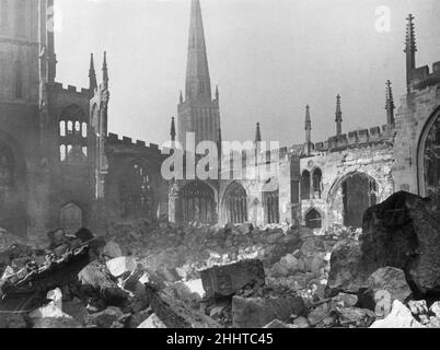 General view showing the ruins of Coventry Cathedral after it was destroyed by the German Luftwaffe in an air raid on the city during the Second World War.14th November 1940. Stock Photo