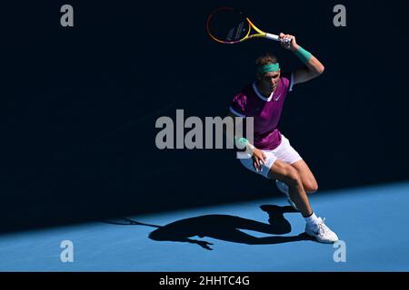 Melbourne, Australia. 26th Jan, 2022. 6th seed RAFAEL NADAL (ESP) in action against 14th seed DENIS SHAPOVALOV (CAN) on Margaret Court Arena in a Men's Singles Quarterfinals match on day 9 of the 2022 Australian Open in Melbourne, Australia. Sydney Low/Cal Sport Media. NADAL won 6:3, 6:4, 4:6, 3:6, 6:3. Credit: csm/Alamy Live News Stock Photo