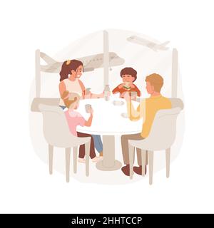 Lunch at the airport isolated cartoon vector illustration. Family sitting at airport cafe, airplanes on background, travelling, kid eating sandwich, lunch before departure cartoon vector. Stock Vector