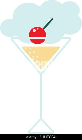 Bright colorful logo depicting a filled cocktail glass with cherries on a cloud background. Outline drawing with color accents. Icon. Vector illustration. Stock Vector