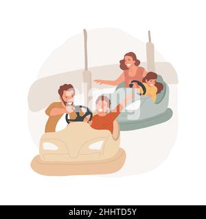 Bumper cars isolated cartoon vector illustration. Parents sit in small vehicles with children, electric bumper car attraction, having fun, family leisure time, amusement park cartoon vector. Stock Vector