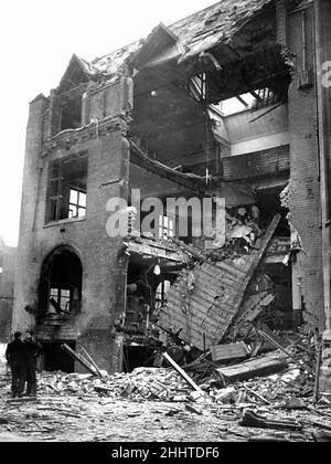 Engineering Laboratory of Liverpool University, severely damaged by a bomb during last nights raids, pictured, Wednesday 13th March 1941. The only people on duty were members of the Auxiliary Fire Service and no one was hurt, with the exception of a night watchman who was slightly cut by flying glass. Stock Photo