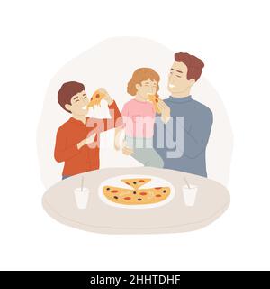 Yummy pizza abstract concept vector illustration. Family traditional cooking, prepare food at home, eating together, child holding yummy slice with stretchy cheese, pizza party abstract metaphor. Stock Vector