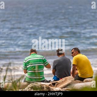 Group of friends sitting on the seashore. Three man having great time together at the beach. Stock Photo