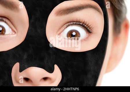 Black charcoal mask facial treatment funny woman. Beauty concept, scared or surprised girl with peel off mask on face, shocked of chemical product Stock Photo