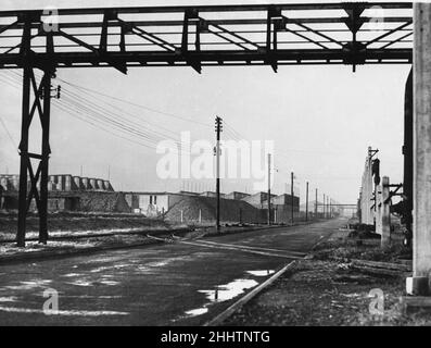 Kirkby, a town in the Metropolitan Borough of Knowsley, Merseyside, England. Our picture shows, a section of the vast Liverpool Corporation Trading Estate in Kirkby, with its roads and railway lines running to all the factories, 6th January 1947. Stock Photo