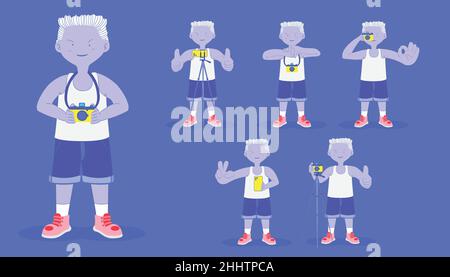 set of the various photographer man standing for holding the camera and sedn sign to start take a photo and composition and hold the phone. character Stock Vector