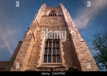Toronto, Canada - 08 19 2018: University of Toronto memorial Soldiers Tower lit with warm sunset rays in front of deep blue sky. UofT Soldiers Tower Stock Photo