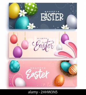 Easter season vector banner set. Happy easter greeting text collection with 3d colorful egg print patterns for seasonal holiday celebration design. Stock Vector