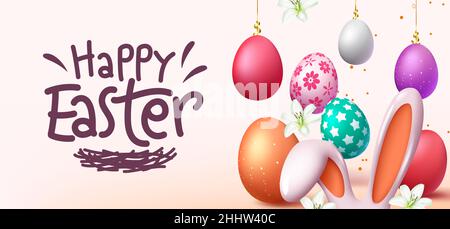 Easter greeting vector background design. Happy easter typography text with bunny ears and colorful eggs in hanging decoration for seasonal holiday. Stock Vector